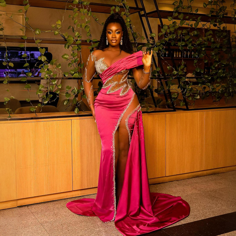 2024 Fuchsia Prom Dresses for Special Occasions Black Women Promdress Evening Gowns Illusion Mermaid Long Sleeves Side Split Rhinestones Birthday Dres