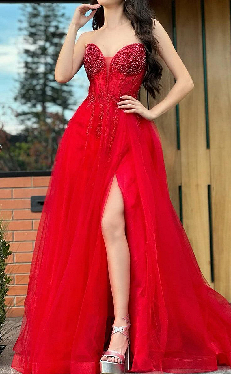 Side Slit Red A-Line Evening Dresses Beaded Sweetheart Neck Sleeveless Floor Length Tulle Prom Dress For Women 2024 Reception Pageant Party Special Go