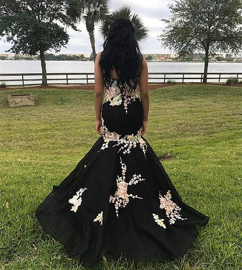 Strapless Black Mermaid Prom Dresses With Pink Floral Lace Appliques Sweetheart Neck Sleeveless Long Satin Elegant Evening Gowns Graduation Special Oc