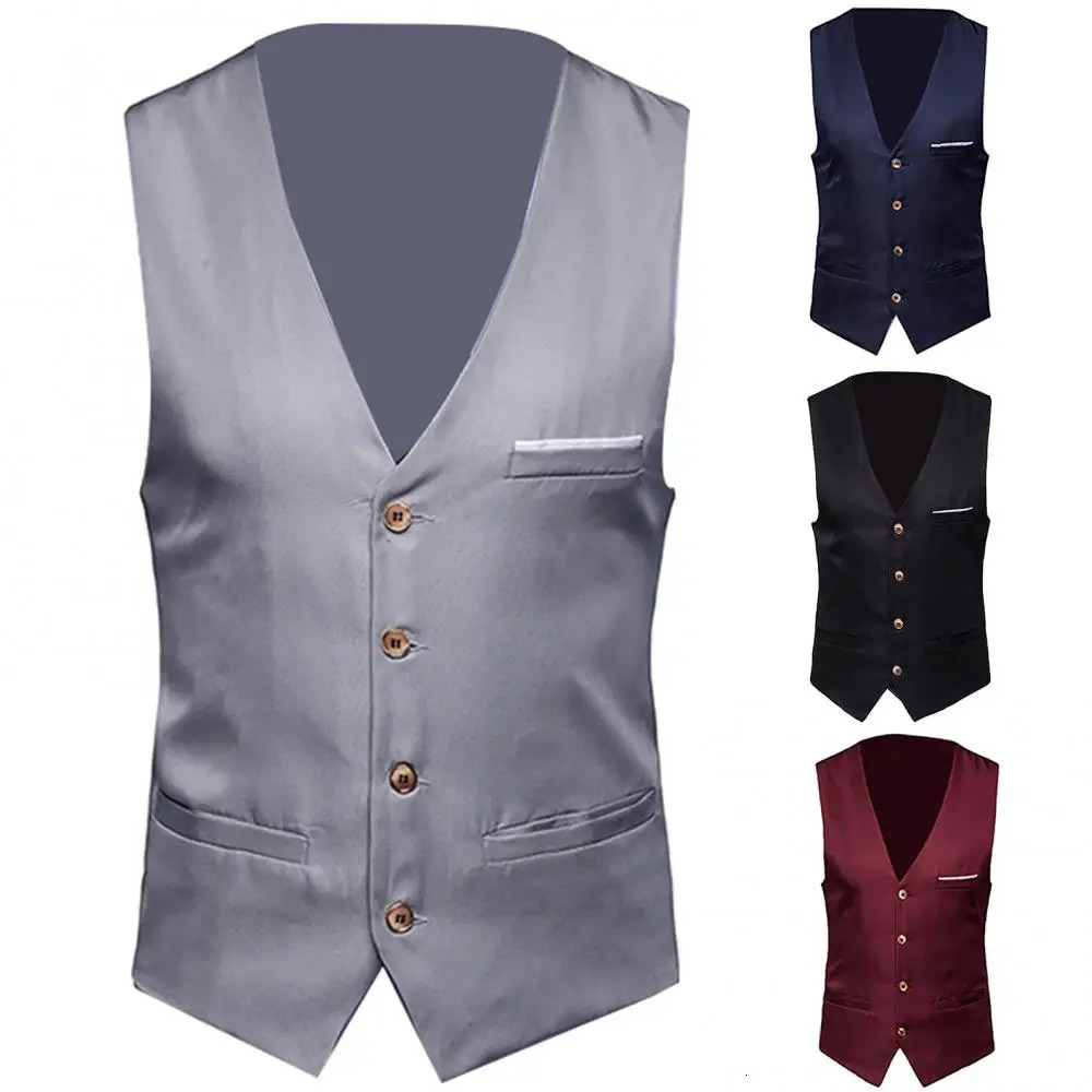 Formal Men Suit Vest Solid Color Single Breasted Business Waistcoat 240615