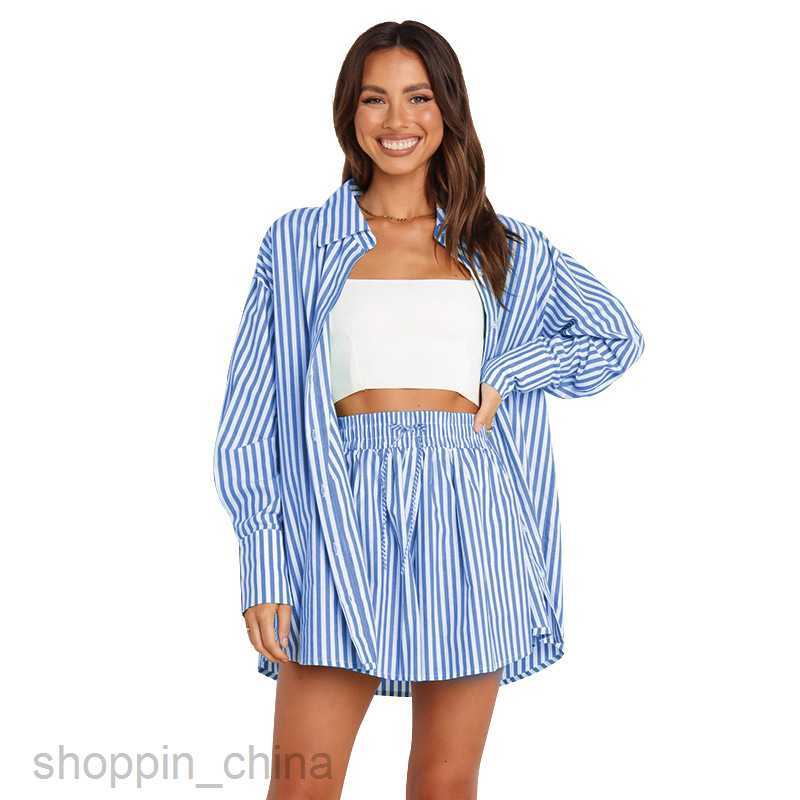 Women's Tracksuits Spring and summer temperament commuter casual pants set fashion women's shirt stripe long sleeve split two piece set Sets