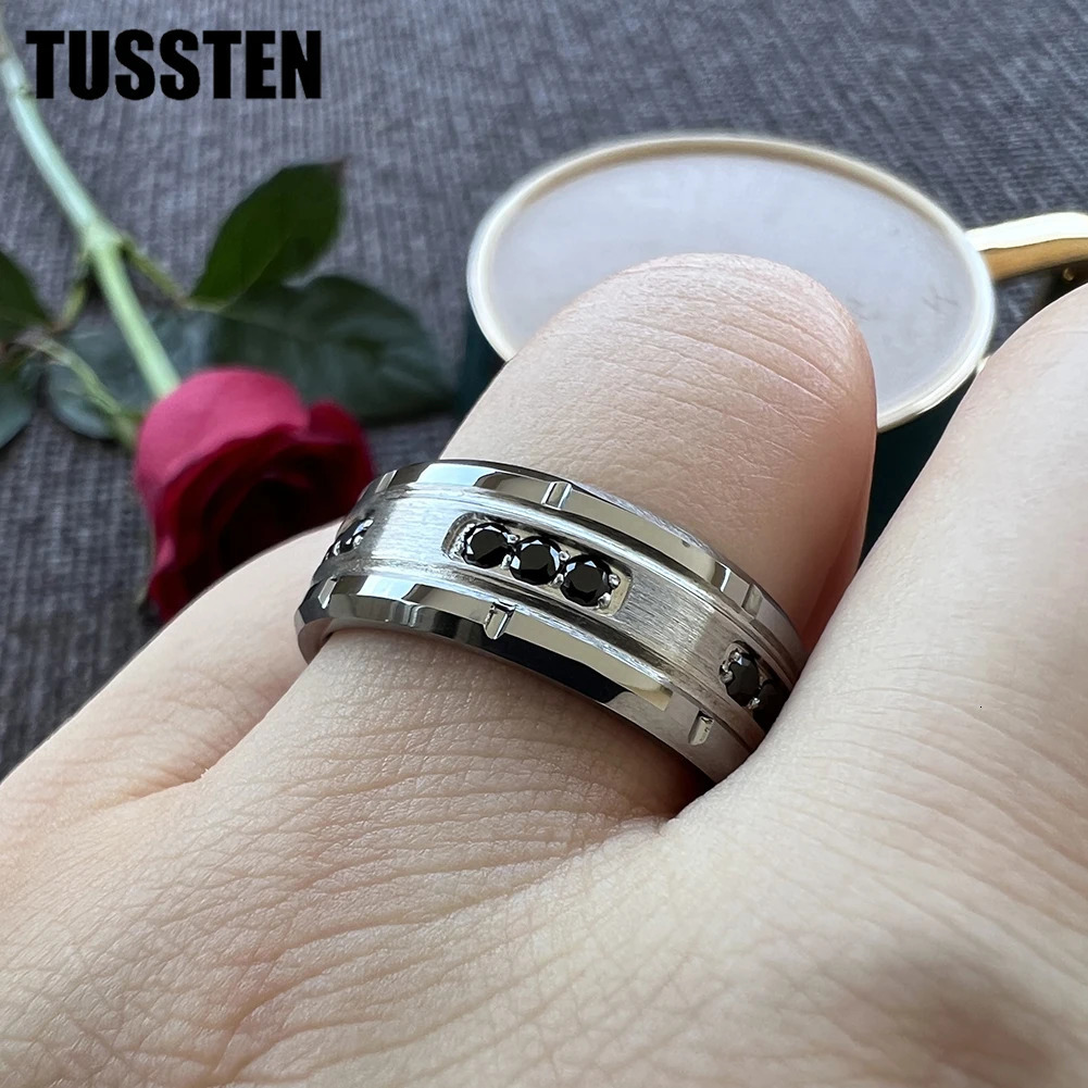 TUSSTEN 8MM Cool Mens Promise Wedding Band Tungsten Steel Combination Rings For Boyfriend Husband Black CZ Inlay Arrivals 240624