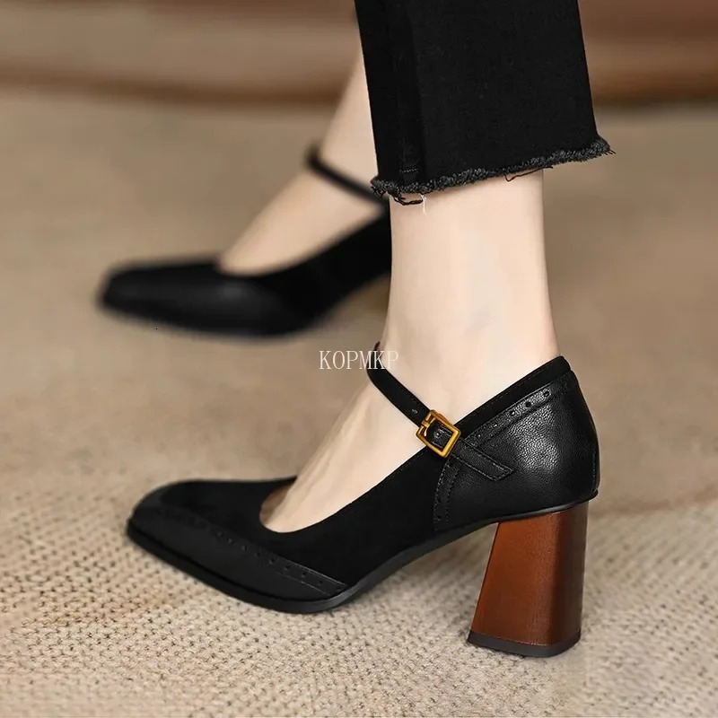 Mary Janes Vintage Black Sandals Woman Buckle Non-Slip Casual Medium Heels Office Ladies Solid Elegant Heels Korean Summer 250225