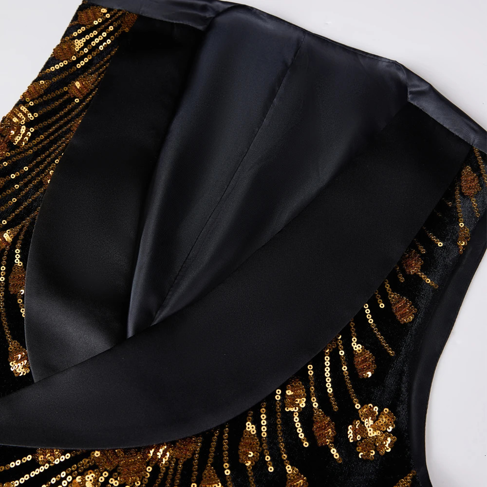 Mens Gold Shiny Sequin Suit Vest Glitter Embellished RedBlack Blazer Waistcoat Night Club Wedding Party Stage Singers Clothing 240615