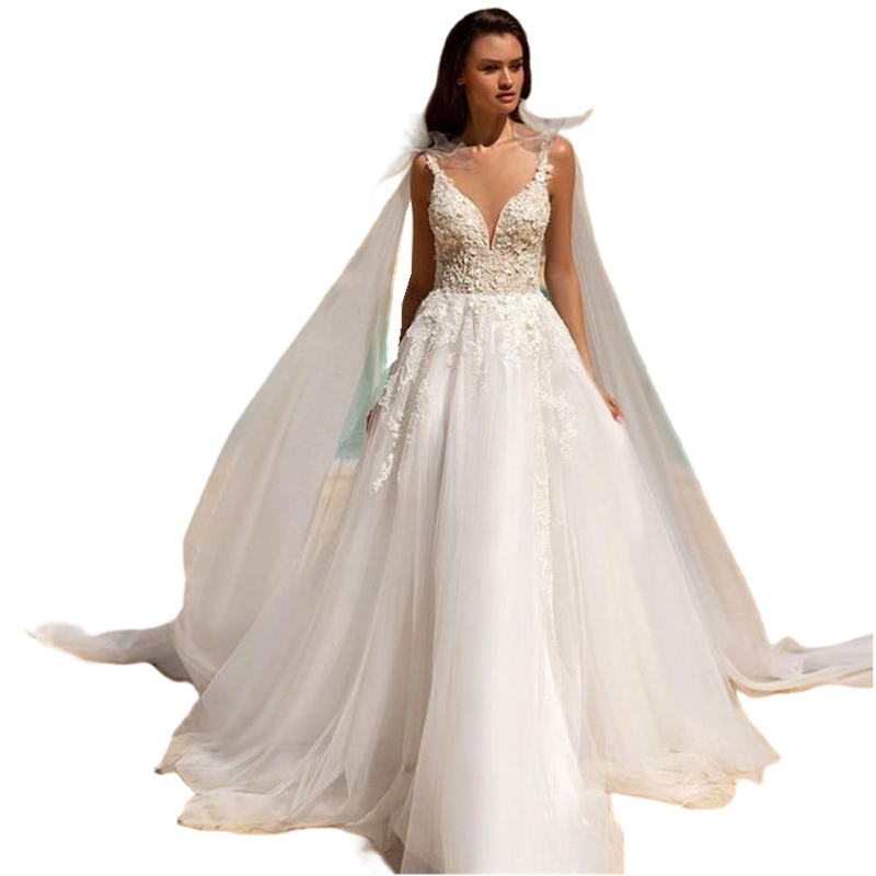 Boho A-line Tulle Wedding Dresses Court Train Spaghetti Straps Sleeveless Sexy Backless Beach Bridal Gowns Lace Appliques Top Ivory Vestidos De Novia