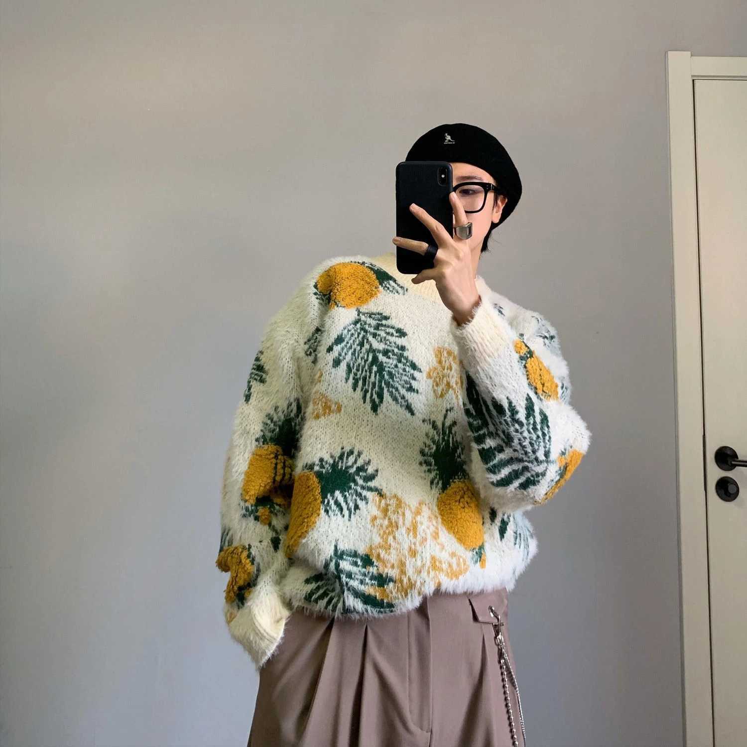 Men's Sweaters Autumn Winter Pineapple Jacquard O-neck Knitted Pullover Sweater Mens Casual Loose High Strt Pullovers Men Tops Male Clothes Y2406