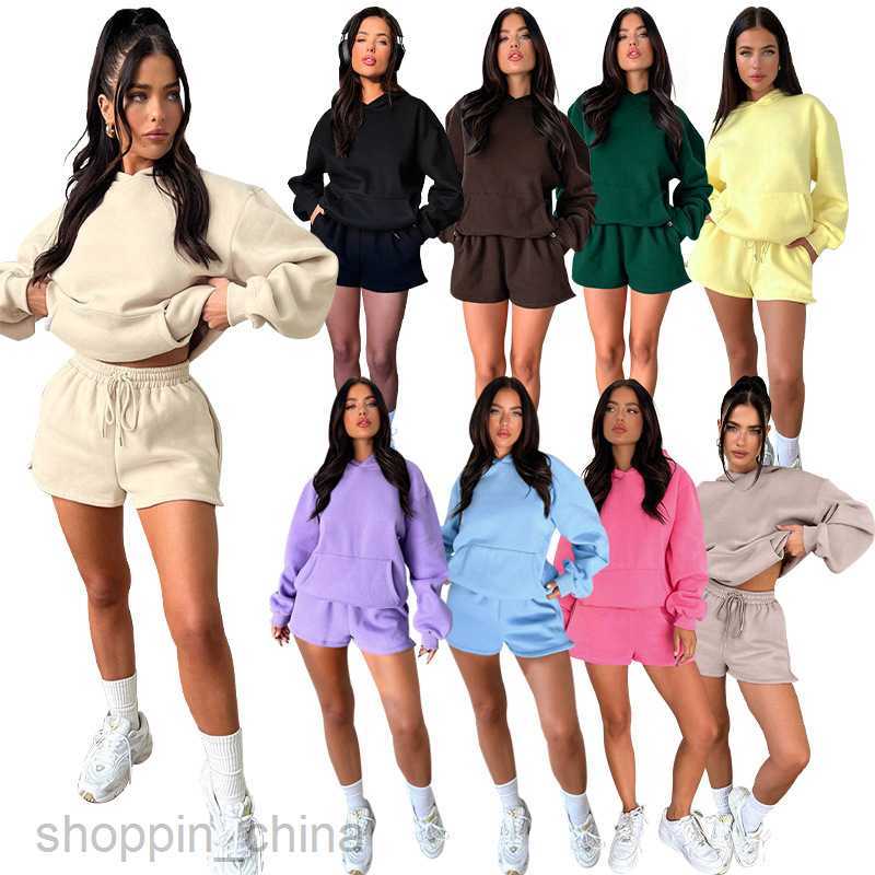 Women's Tracksuits Autumn/Winter Solid Color Long Sleeve Hooded Sweater Women's Two Piece Fashion Casual Shorts Set Sets