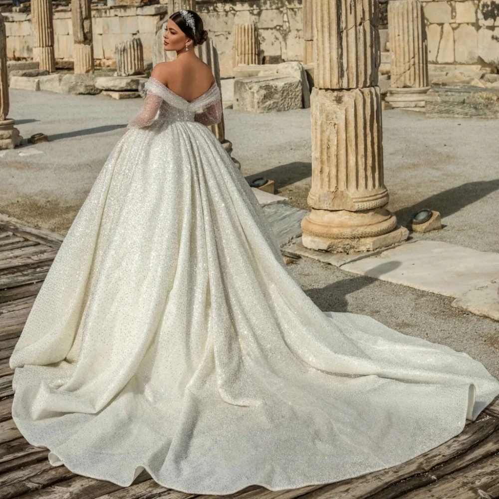 Sequins Sparkly Wedding Dress Sweetheart Beads Long Illusion Sleeves Church Bride Gowns Bridal Dresses Dubai Vestido De Noiva Customed es