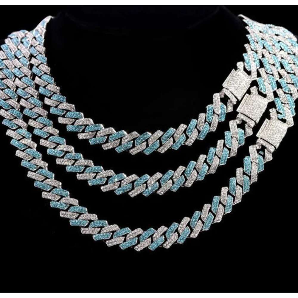 Mens Cuban Chain Rapper Jewelry Iced Out 925 Silver Blue White Color 14mm Moissanite Diamond Cuban Necklace