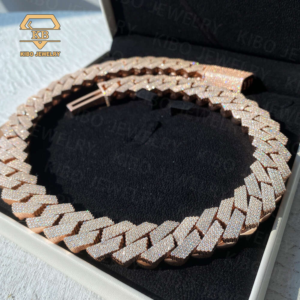 20mm 4 Rows High Quality Sterling Silver Iced Out Prong Setting Vvs Moissanite Diamond Rose Plated Cuban Link Chain