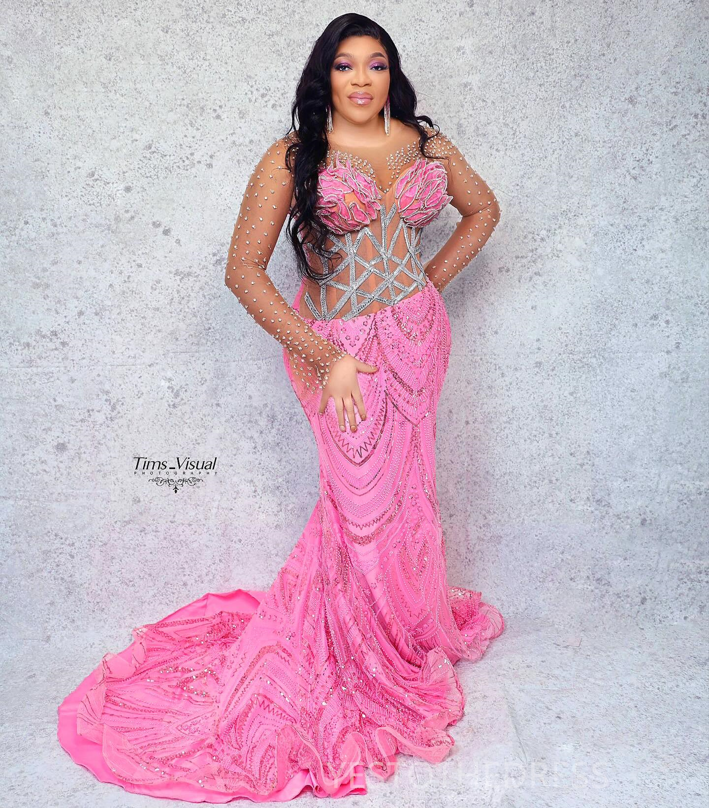 R&W 2024 Plus Size Pink Prom Mermaid Promdress Illusion Long Sleeves Beaded Lace Rhies Decorated urious Birthday Dress Second Reception Gowns AM1234