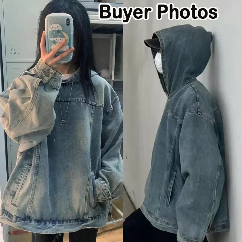 Japanese Denim Hooded Jacket Men Women Loose Casual Vintage Sweatshirt Coat High Street Washed Denim Pullover Varsity Autumn 240618