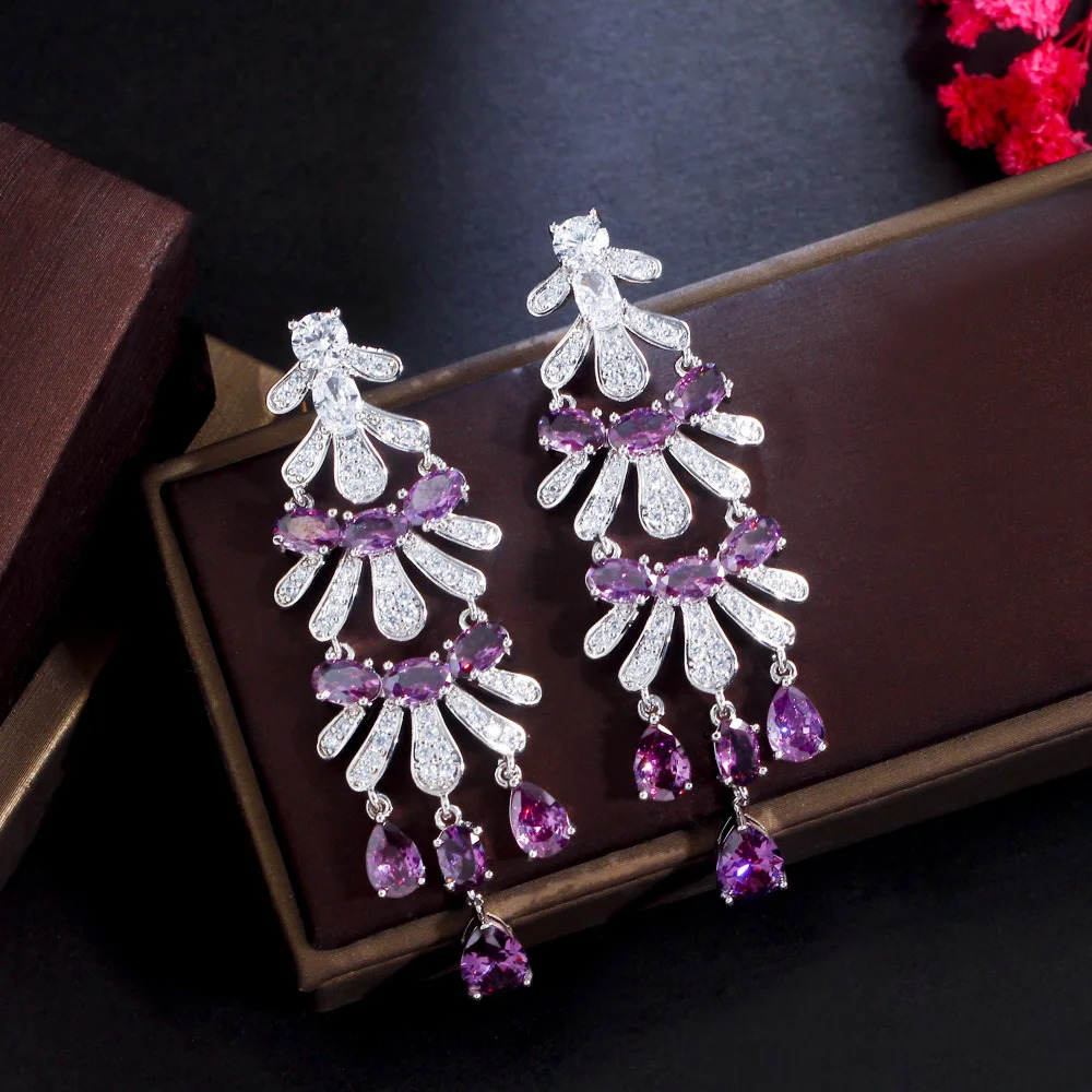 CWWZircons Royal Purple Cubic Zircon Stone Long Dangle Drop Women Engagement Wedding Party Chandelier Earrings for Brides CZ425 240625