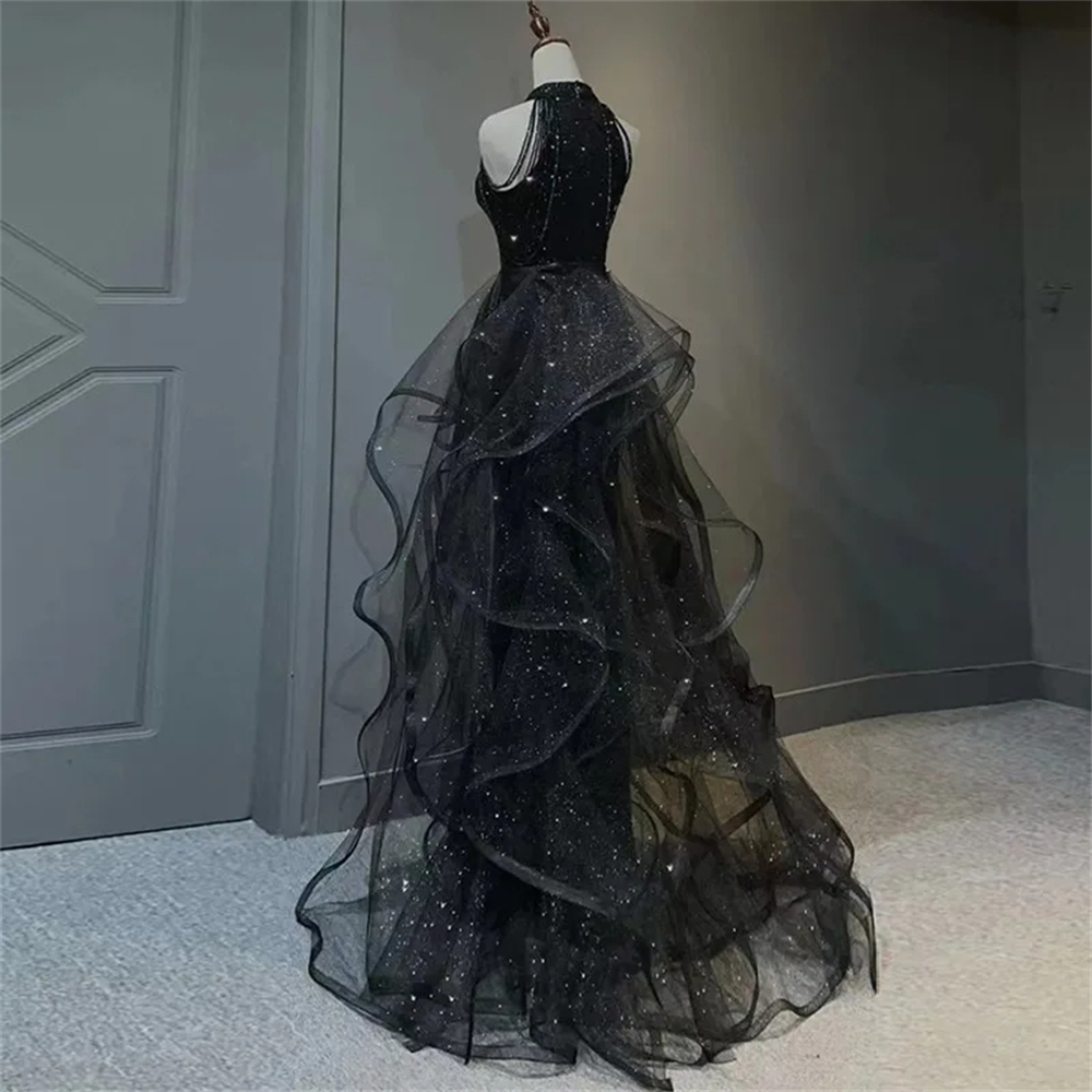 Long Prom Dresses Sexy Black Jewel Sequins Beading Tulle Ball Gown Plus Size Formal Occasion Evening Party Gown Pd25
