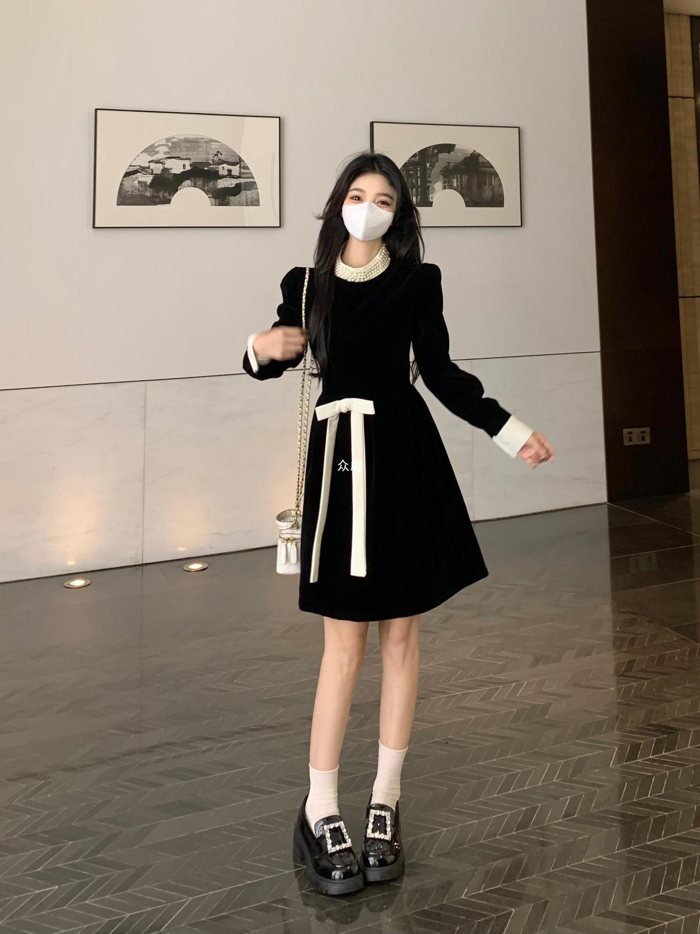Large size women's autumn/winter French Hepburn style chubby girl appears slim and waist tight temperament dress