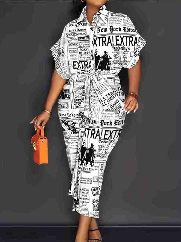 Casual Women Dresses Fall women's new printed pleated temperament commuting lapel tie up dress