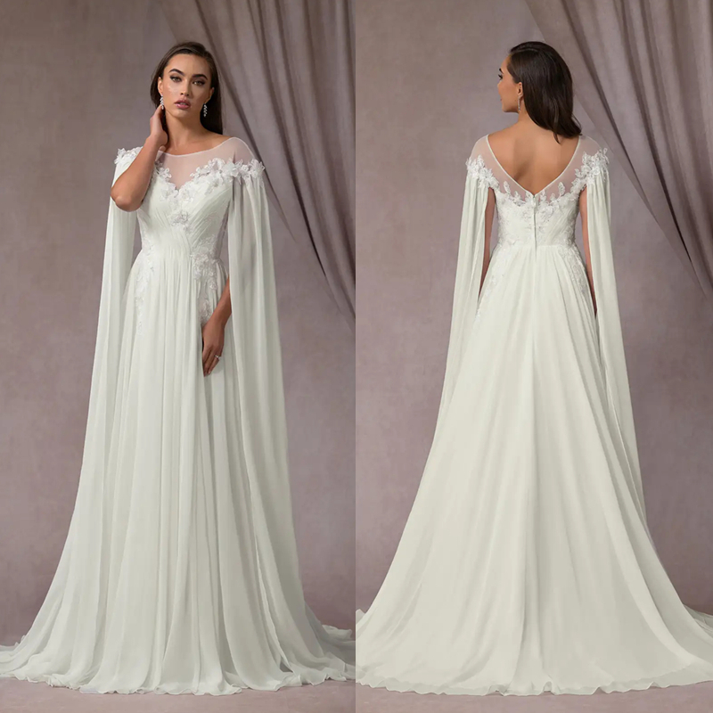 Fantasy Boho Chiffon A-Line Wedding Dresses Cape Sleeves Open Back Lace Appliques Pleats Long Country Beach Bridal Gowns