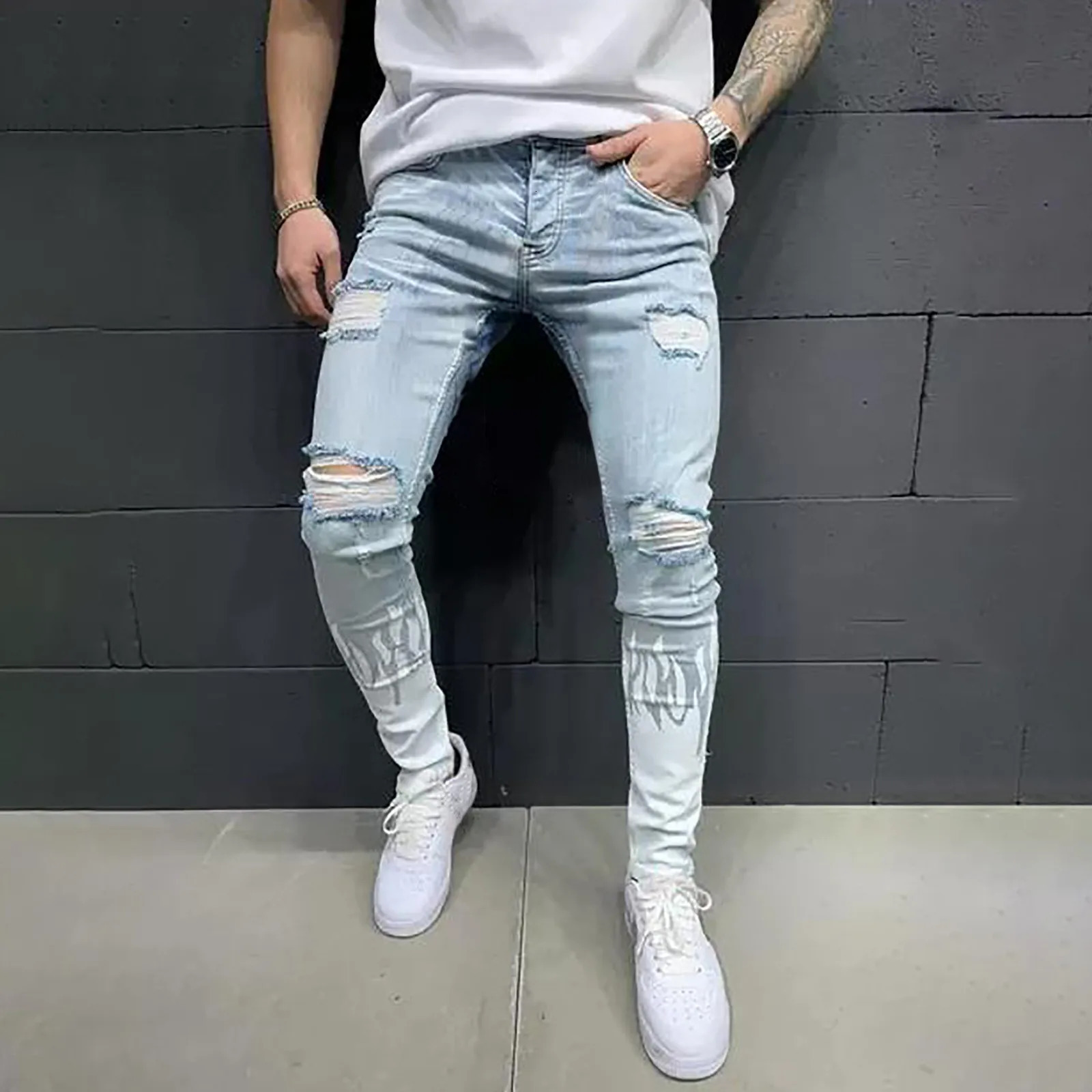 MenS Casual Trouser Pants Motorcycle Cool Print Personality Ripped Jean Pant Casual Summer Thin Pants Straight Blue Jean 240618