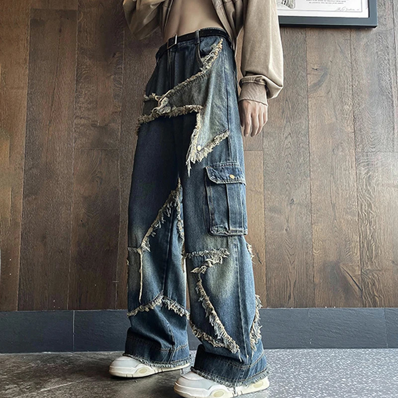 PFHQ Heavy Industry High Street Jeans Mens Autumn Original Motorcycle Fashion Straight Denim Creativity Wide Leg Pants 21Z2766 240618