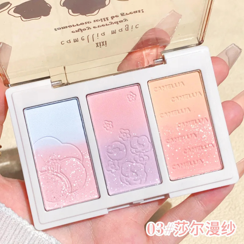 3 Colors Blush Powder Palette Face Blusher Highlighter Contour Makeup Palette Blue Face Brighten Glitter Fine Shimmer Powder 240624