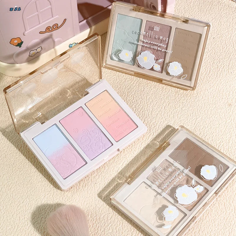 3 Colors Blush Powder Palette Face Blusher Highlighter Contour Makeup Palette Blue Face Brighten Glitter Fine Shimmer Powder 240624