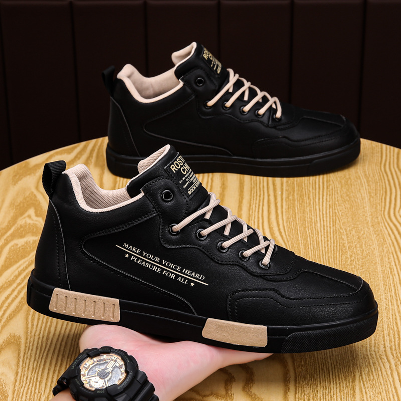 Men's Breathable 2024 Casual Leather Hot Mid-Top Board Shoes In Black