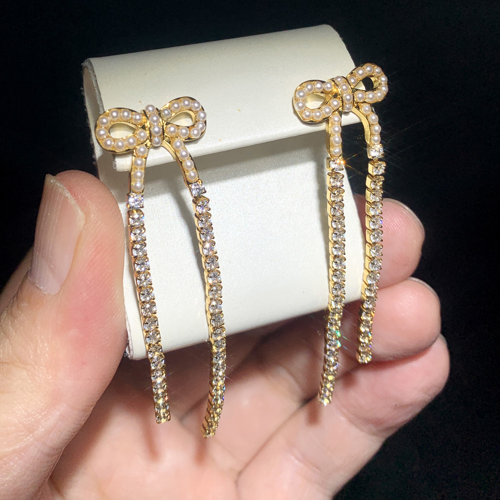 2024 Trendy Pearl Cubic Zirconia Paved Bowknot Tassel Earrings: Chic Long Tennis Chain Drop Earring Set