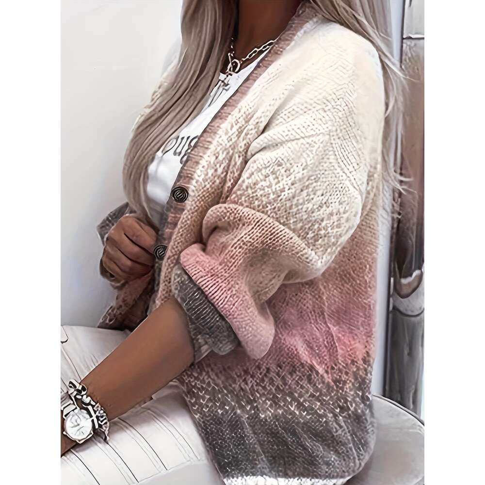 Color Block Button Down Knit Cardigan, Casual Long Sleeve Comfy Sweater, Women's Clothing H6.25#58