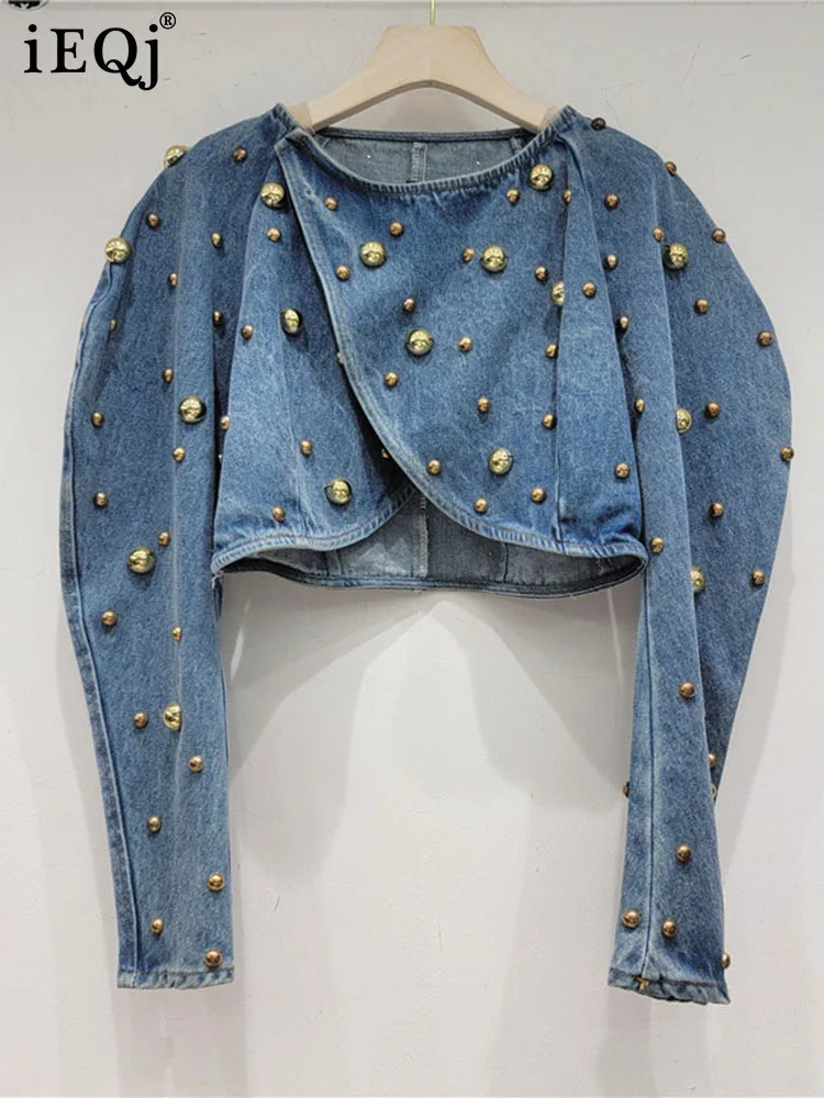 IEQJ Round Nail Rivet Bubble Sleeve Short Denim Jackets For Women Y2k High Street Sequins Coat Autumn Clothing 3WQ7344 240618