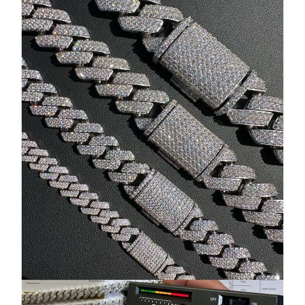 Hip Hop Luxury Mossanite Necklace Square 2 Rows 925 Sterling Silver 8-20mm Iced Out Prong Vvs Moissanite Cuban Link Chain