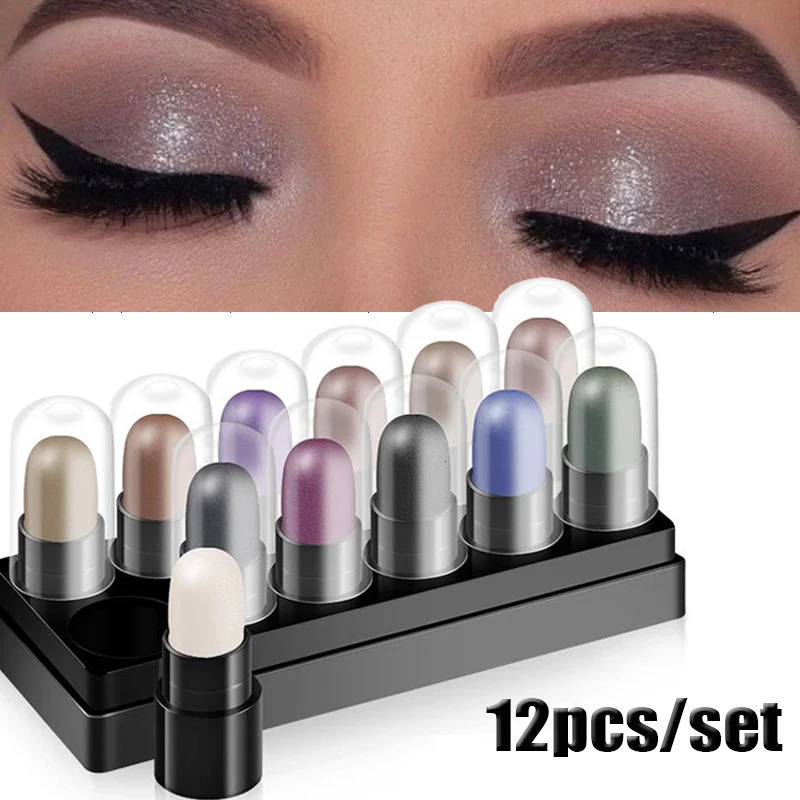 Eyeshadow Pencil Set 12 Colors Waterproof Long Lasting Glitter Shimmer Eye Shadow Pen Highlighter Stick Eyes Makeup Tools 240624