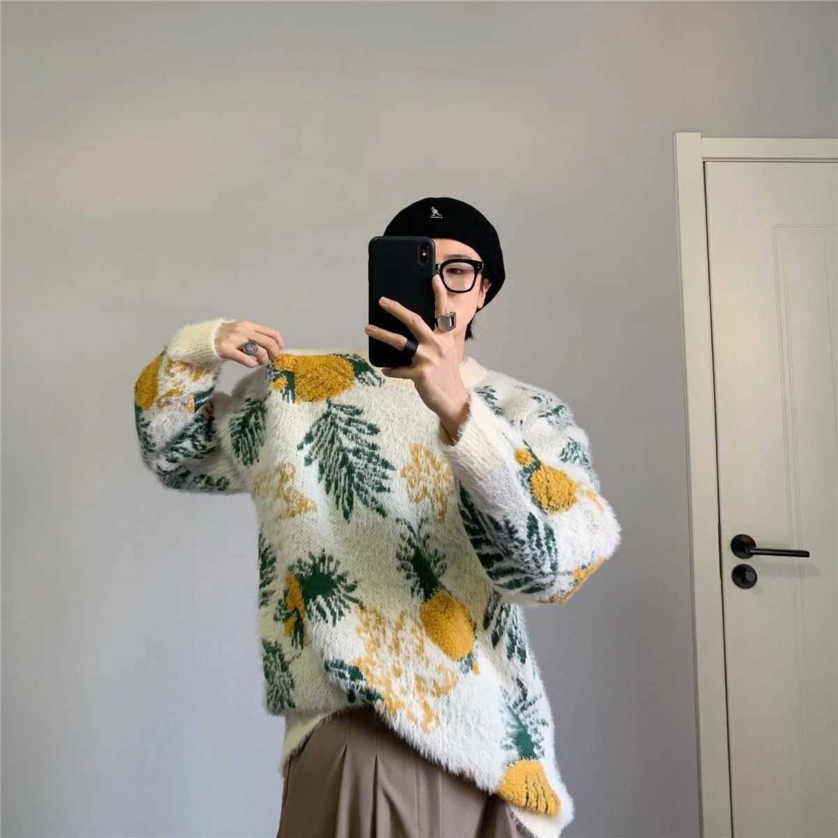 Men's Sweaters Autumn Winter Pineapple Jacquard O-neck Knitted Pullover Sweater Mens Casual Loose High Strt Pullovers Men Tops Male Clothes Y2406