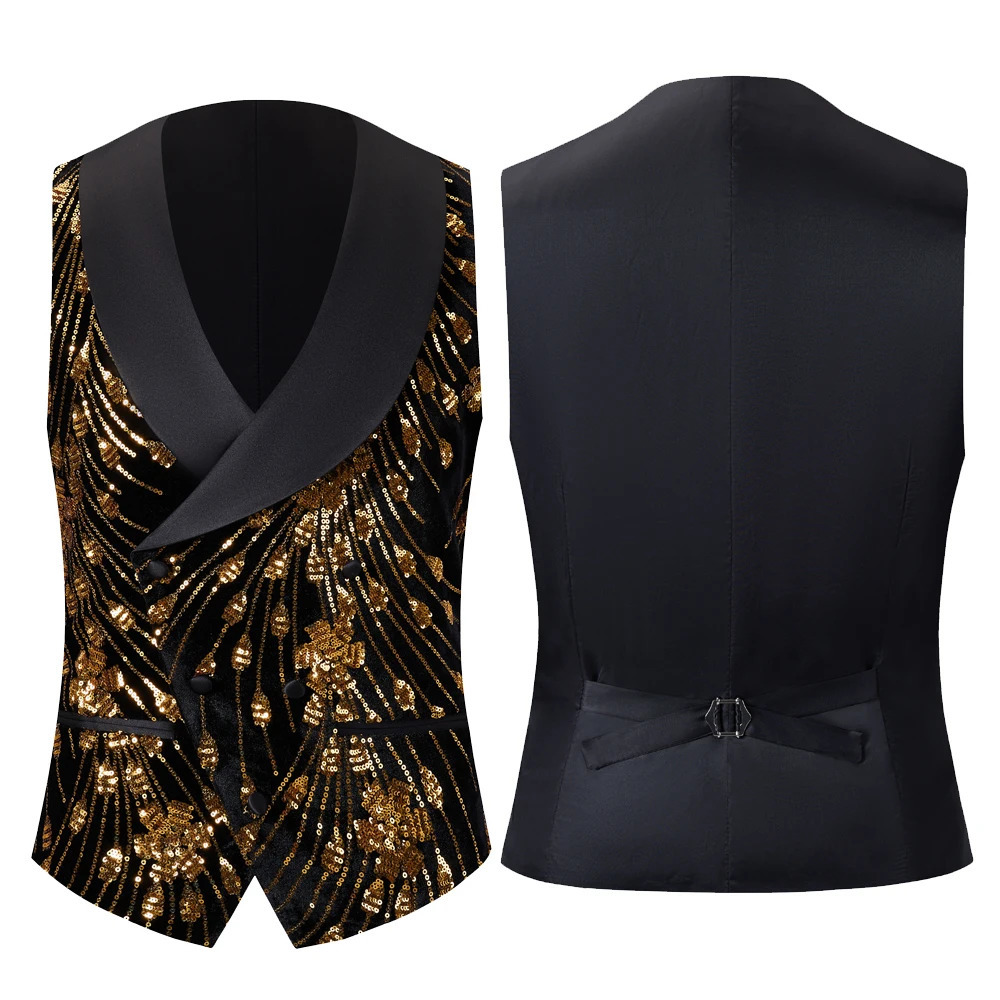 Mens Gold Shiny Sequin Suit Vest Glitter Embellished RedBlack Blazer Waistcoat Night Club Wedding Party Stage Singers Clothing 240615