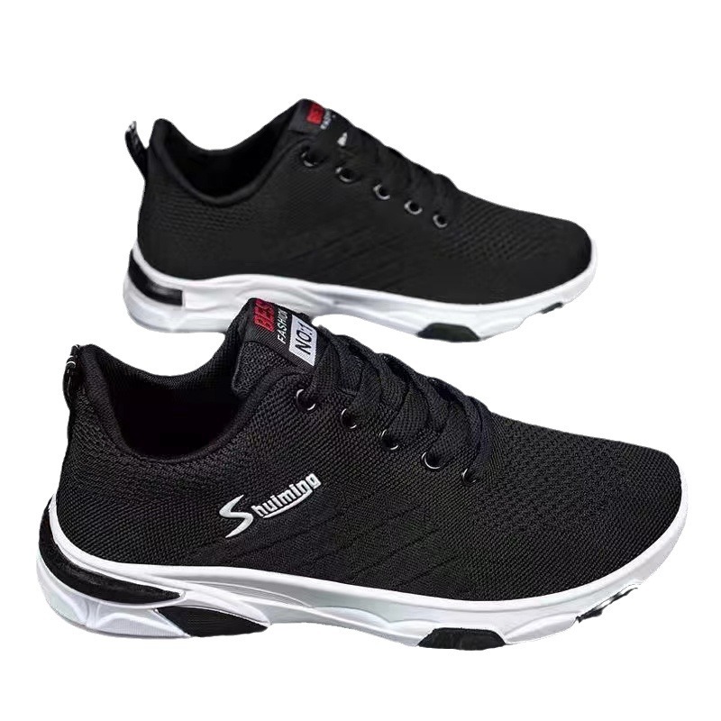 Casual Korean Men's Students Sneakers Soft Sole Lightweight Flyweave Running Cloth Shoes Black