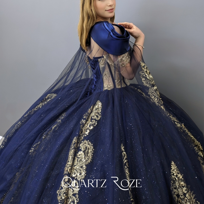 Navy Blue Shinby Ball Gown Quinceanera Dress With Cape Sequined Gold Appliques Lace Beads Crystal Tull Vestidos De 15 Anos