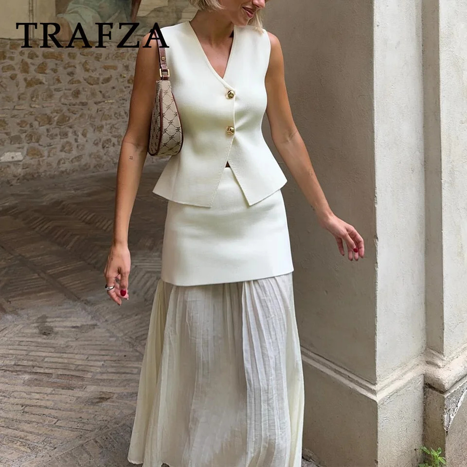 TRAFZA Spring Summer Casual Knitted Women Suit Fashion Gold Button V Neck Sleeveless VestPleat Spliced Zipper Long Skirt 240625