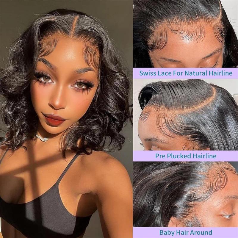 Body Wave Human Hair Bob Wig 13X4 HD Lace Frontal Wigs Pre Plucked Brazilian Wavy Short Remy Natural Black For Women