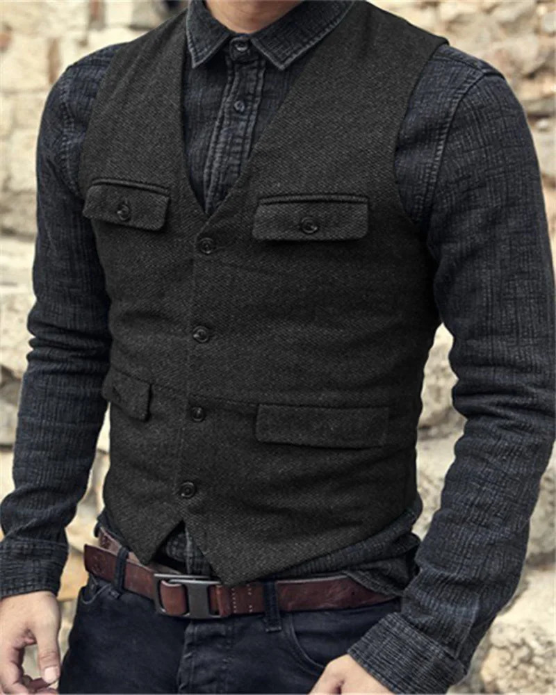 Suit Vest Brown Burgundy Herringbone Wool Tweed Vintage Steampunk Waistcoat Formal Business Vests For Men Wedding 240615