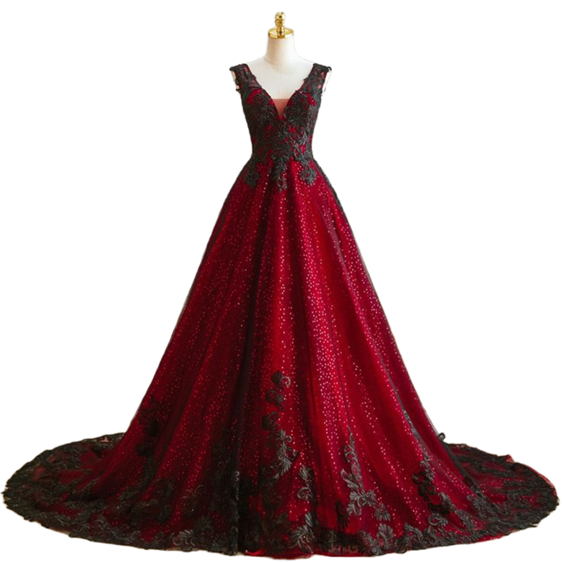 Vintage A-Line Gothic Wedding Dresses Black Lace Appliques Burgundy Sequin Tulle Long Retro Wedding Gowns Plus Size Vestido De Novia