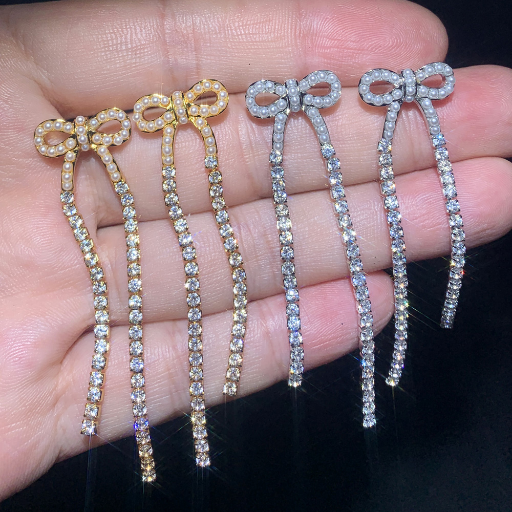 2024 Trendy Pearl Cubic Zirconia Paved Bowknot Tassel Earrings: Chic Long Tennis Chain Drop Earring Set