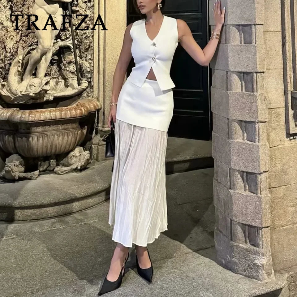 TRAFZA Spring Summer Casual Knitted Women Suit Fashion Gold Button V Neck Sleeveless VestPleat Spliced Zipper Long Skirt 240625