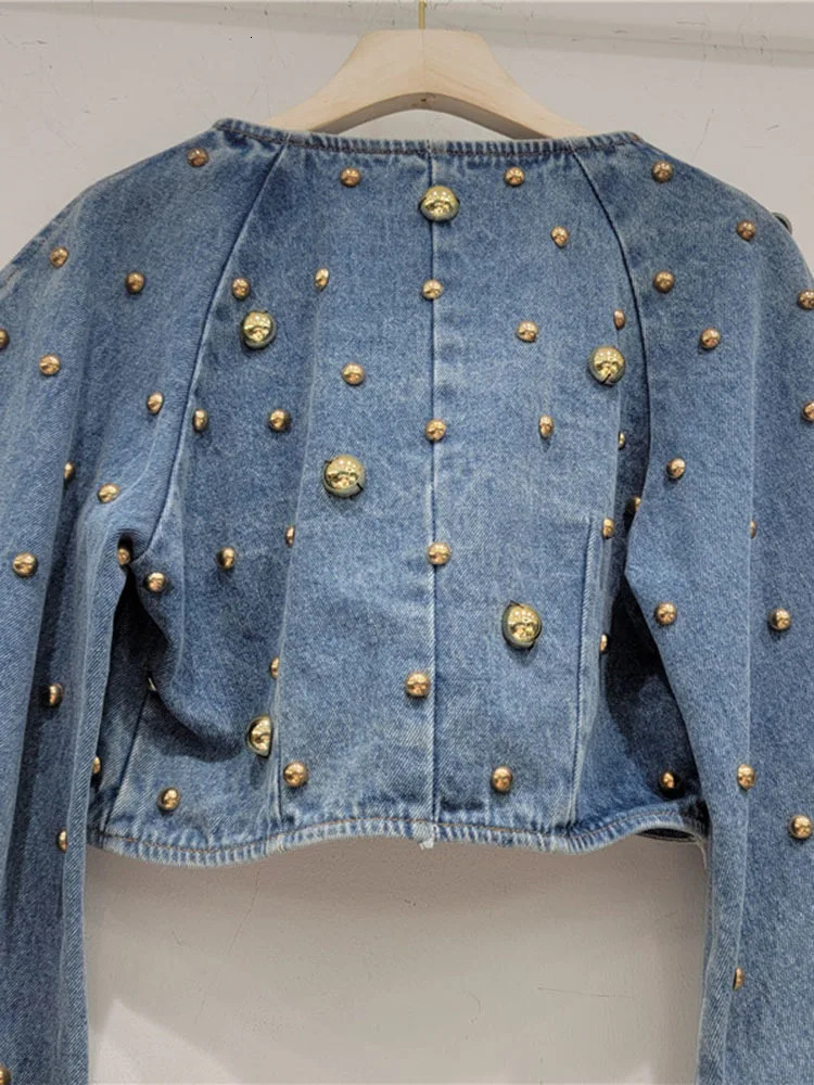 IEQJ Round Nail Rivet Bubble Sleeve Short Denim Jackets For Women Y2k High Street Sequins Coat Autumn Clothing 3WQ7344 240618