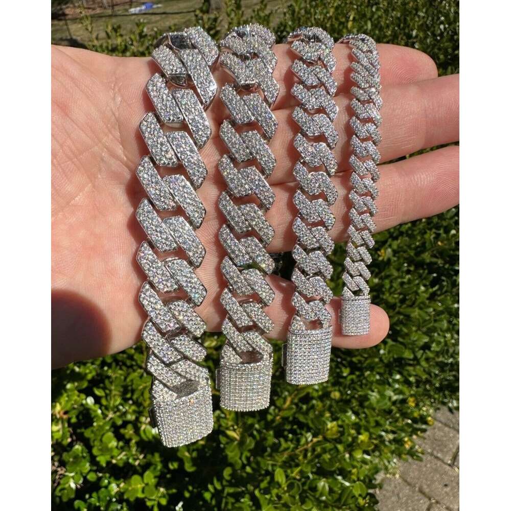 Hip Hop Luxury Mossanite Necklace Square 2 Rows 925 Sterling Silver 8-20mm Iced Out Prong Vvs Moissanite Cuban Link Chain