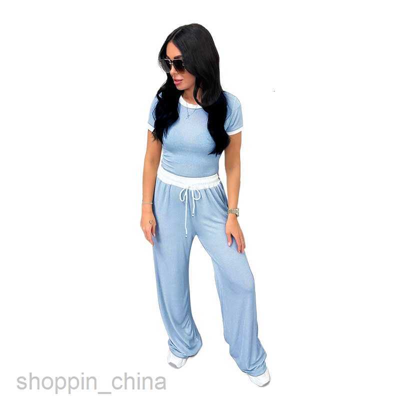 Women's Tracksuits Spring/Summer New Round Neck Contrast Short sleeved Women's Fashion Casual Wide Leg Pants Sports Set Sets