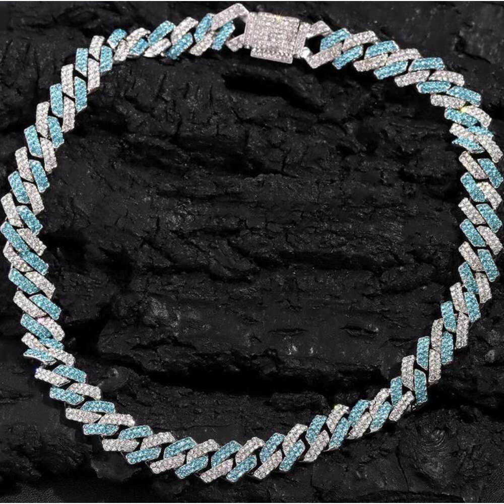 Mens Cuban Chain Rapper Jewelry Iced Out 925 Silver Blue White Color 14mm Moissanite Diamond Cuban Necklace