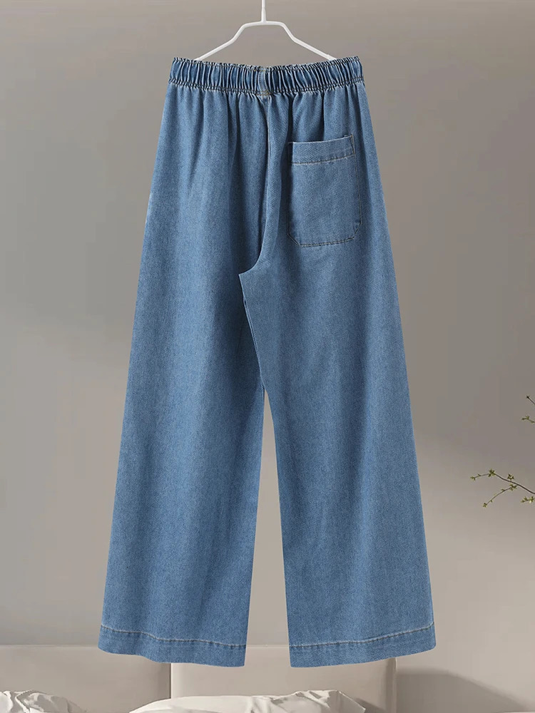 Spring Casual Denim Top Pants Sets Women Long Sleeve Turndown Collar Pullover Wide Leg Pant Female Suit Summer Lady Outfits 240618