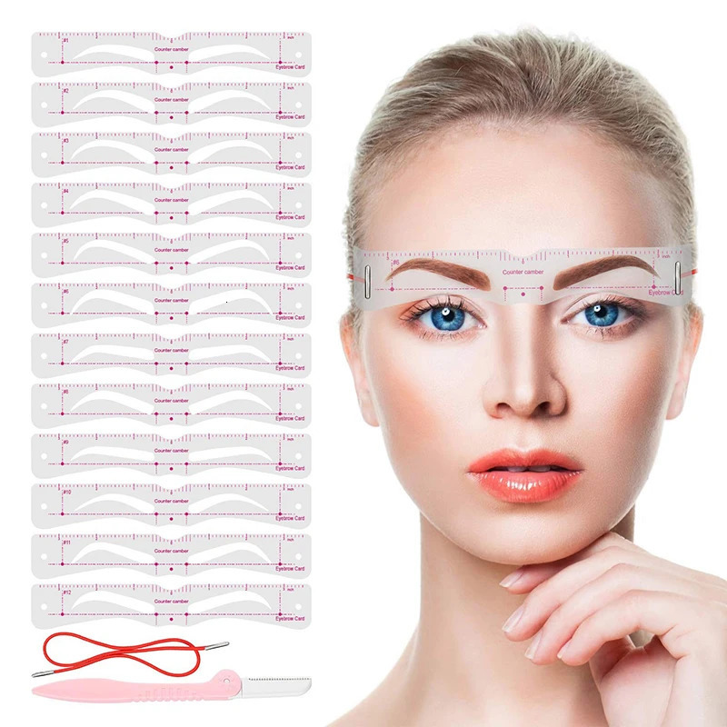 12Stylesset Eyebrow Stencil Set Reusable DIY Eye Brow Drawing Guide Styling Shaping Grooming Template Card Easy Makeup 240625