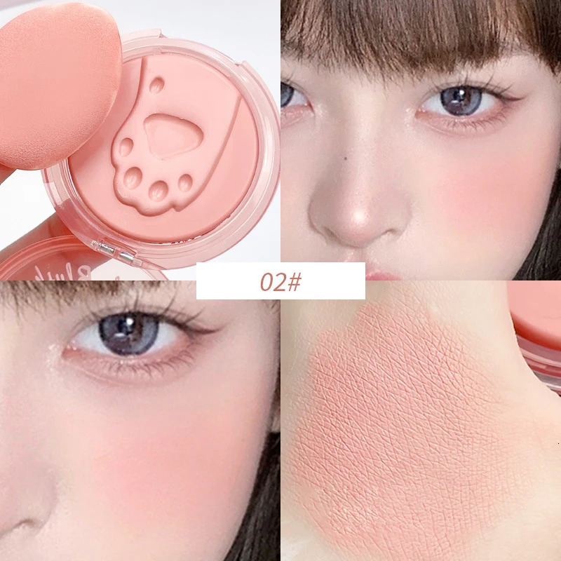 Cute Cat Foot Print Blush with A Thumb Puff Sweet Korean Girl Cheek Makeup Blusher Long Lasting Face Con Shadow Cosmetics 240624