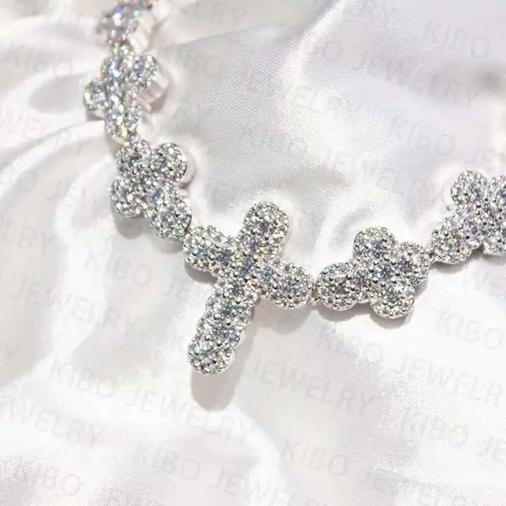 Cross Necklace Trendy Iced Out 925 Sterling Silver Round and Baguette Moissanite Chain Necklace for Men