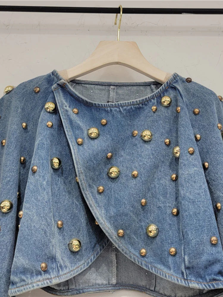 IEQJ Round Nail Rivet Bubble Sleeve Short Denim Jackets For Women Y2k High Street Sequins Coat Autumn Clothing 3WQ7344 240618